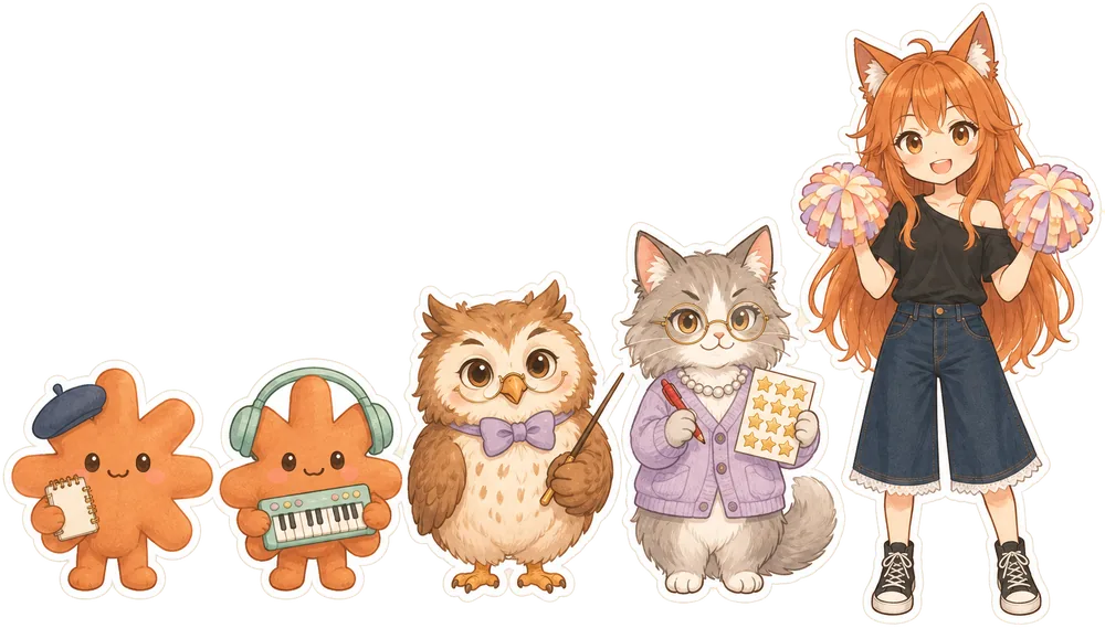 The cast: Claude the student, Claude the homework doer, Professor Hoot, Madame Fermata and the catgirl